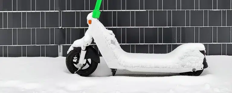 Ein elektrischer Roller ist mit Schnee bedeckt.
